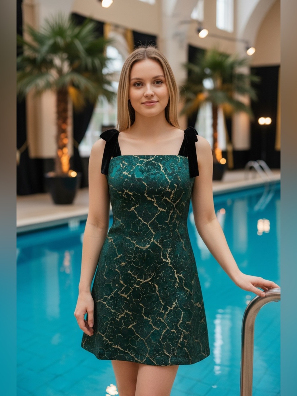 NWT Adelyn Rae Sz L Emerald Gold Metallic Brocade Mini Dress Velvet Bow Straps